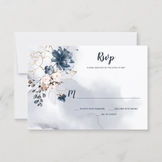 Elegant Navy Blue Floral Gold Sketched Roses | RSVP Card