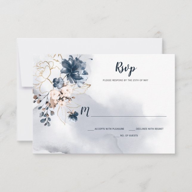 Elegant Navy Blue Floral Gold Sketched Roses | RSVP Card (Front)