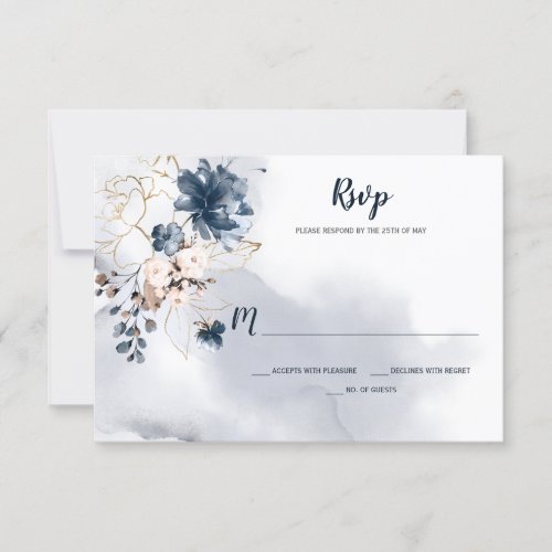 Elegant Navy Blue Floral Gold Sketched Roses  RSVP Card