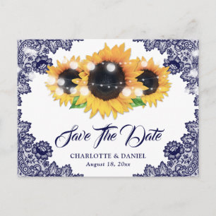 Elegant Navy Blue Floral Lace Sunflower Announcement Postcard