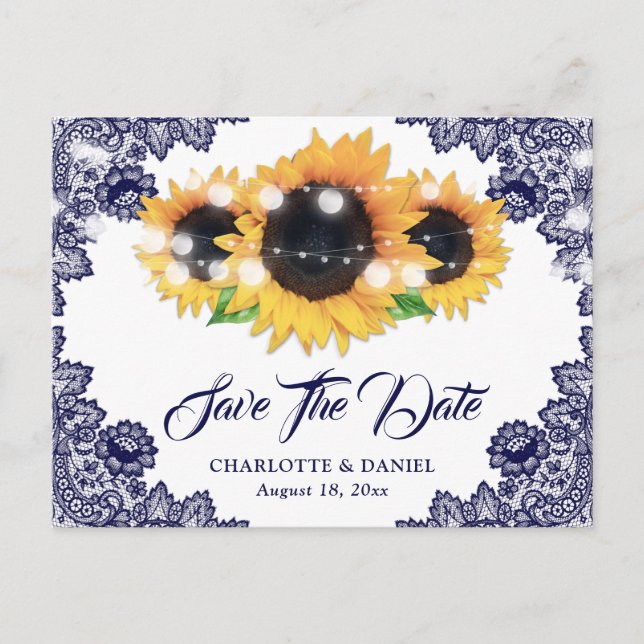 Elegant Navy Blue Floral Lace Sunflower Announcement Postcard (Front)