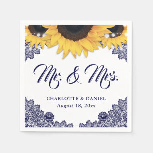 Elegant Navy Blue Floral Lace Sunflower Wedding Napkins
