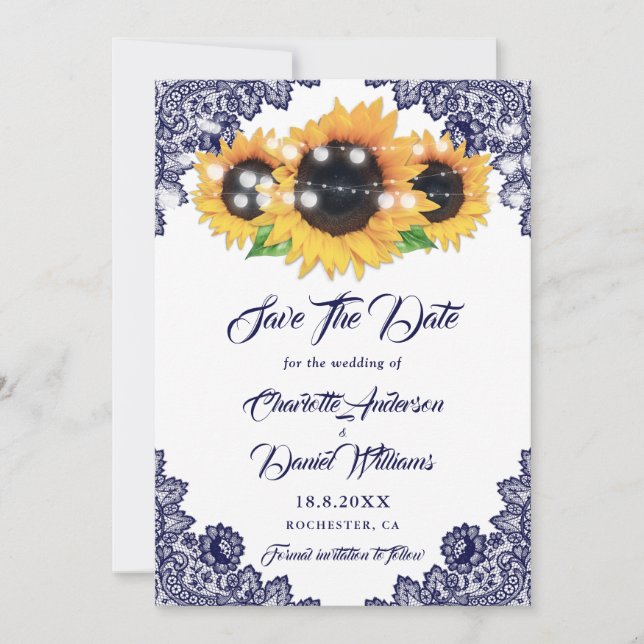 Elegant Navy Blue Floral Lace Sunflower Wedding Save The Date (Front)