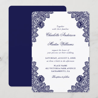 Elegant Navy Blue Floral Lace Wedding Invitation