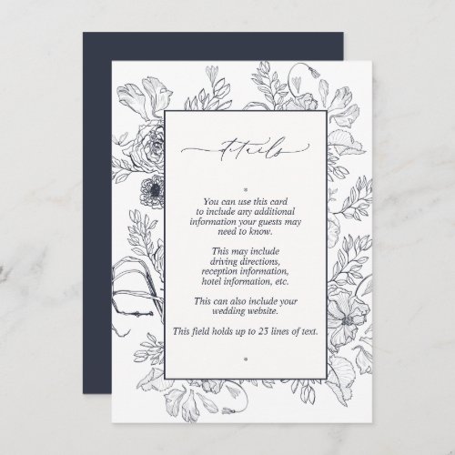 Elegant Navy Blue Floral Line Art Wedding Details Enclosure Card