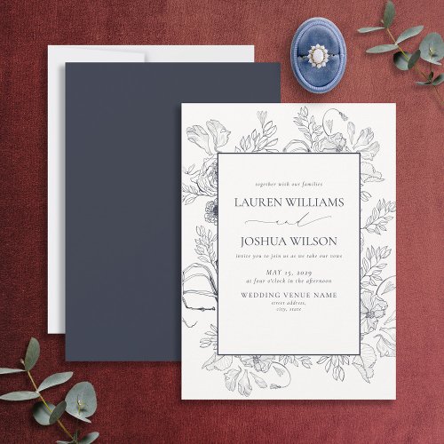Elegant Navy Blue Floral Line Art Wedding  Invitation