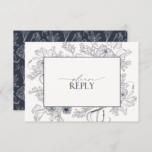 Elegant Navy Blue Floral Line Art Wedding QR Code RSVP Card