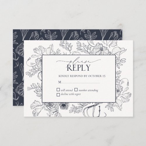 Elegant Navy Blue Floral Line Art Wedding RSVP Card