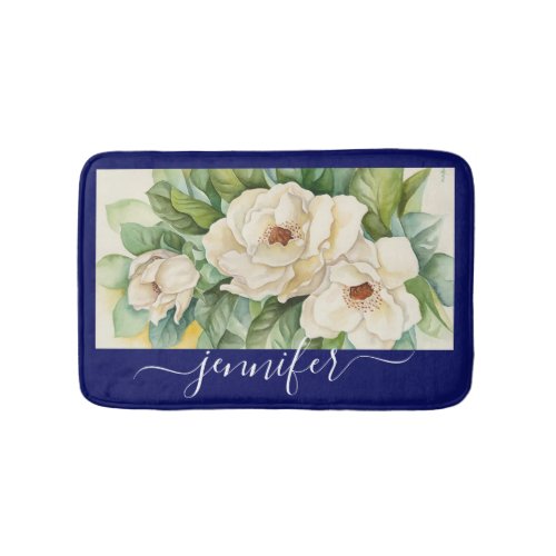 Elegant Navy Blue Floral Magnolia Flowers Name Bath Mat