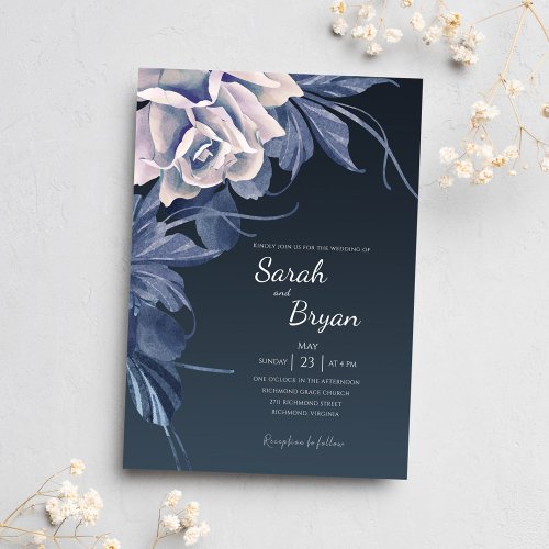 Elegant Navy Blue Floral Modern Bold Boho Wedding Invitation