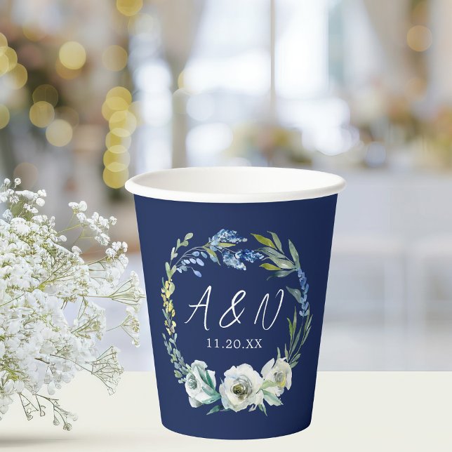 Elegant Navy Blue Floral Monogram Wedding Paper Cups (Creator Uploaded)
