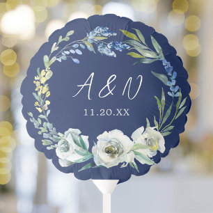 Elegant Navy Blue Floral Monogram Winter Wedding Balloon