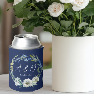 Elegant Navy Blue Floral Monogram Winter Wedding Can Cooler