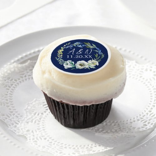 Elegant Navy Blue Floral Monogram Winter Wedding Edible Frosting Rounds