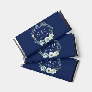 Elegant Navy Blue Floral Monogram Winter Wedding Hershey Bar Favors