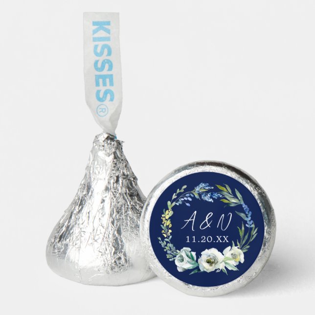 Elegant Navy Blue Floral Monogram Winter Wedding Hershey®'s Kisses® (Front)