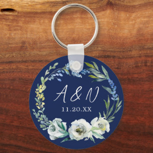 Elegant Navy Blue Floral Monogram Winter Wedding Keychain