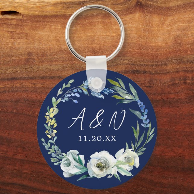 Elegant Navy Blue Floral Monogram Winter Wedding Keychain (Front)