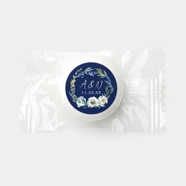 Elegant Navy Blue Floral Monogram Winter Wedding Life Saver® Mints (Front)