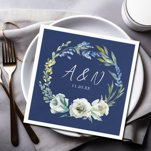 Elegant Navy Blue Floral Monogram Winter Wedding Napkins