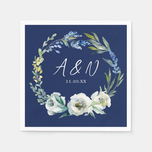 Elegant Navy Blue Floral Monogram Winter Wedding Napkins