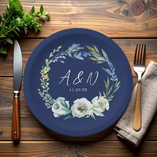 Elegant Navy Blue Floral Monogram Winter Wedding Paper Plates (Creator Uploaded)