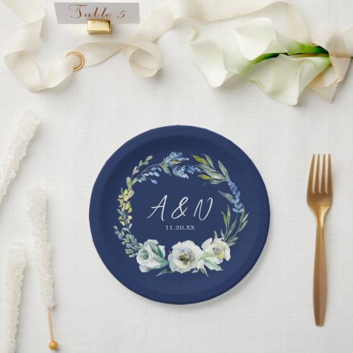 Elegant Navy Blue Floral Monogram Winter Wedding Paper Plates