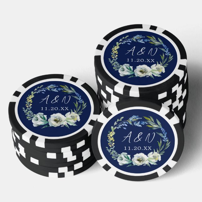 Elegant Navy Blue Floral Monogram Winter Wedding Poker Chips (Stack)