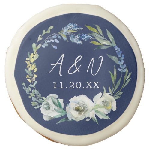 Elegant Navy Blue Floral Monogram Winter Wedding Sugar Cookie