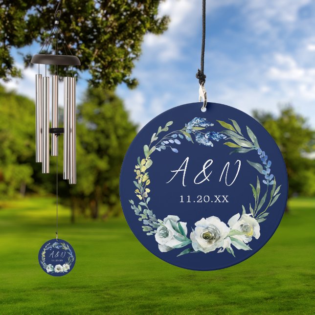 Elegant Navy Blue Floral Monogram Winter Wedding Wind Chime (Outdoor)