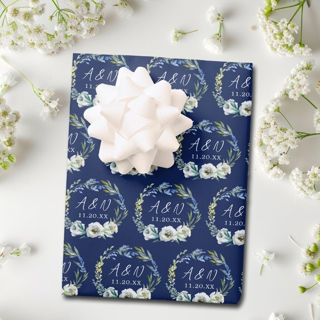 Elegant Navy Blue Floral Monogram Winter Wedding Wrapping Paper Sheets (Creator Uploaded)