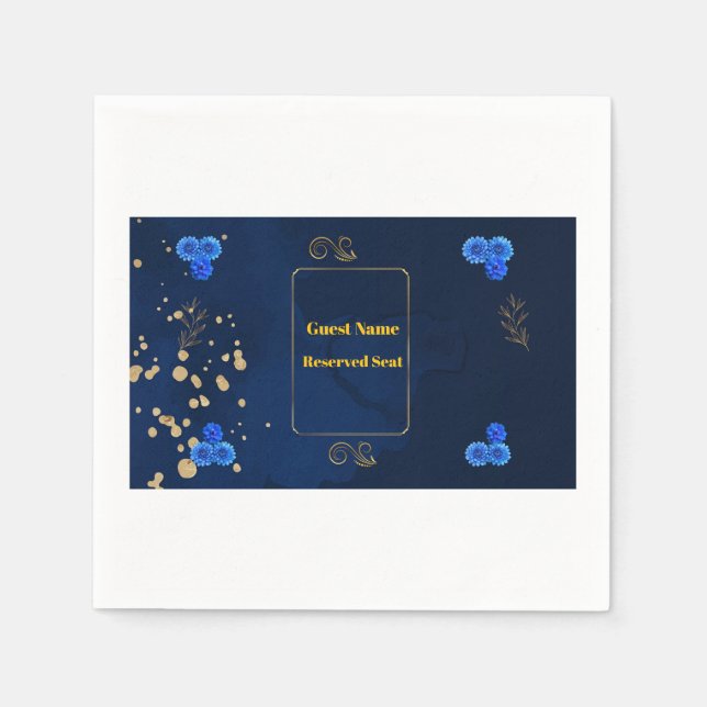 Elegant Navy Blue Floral Name Card Template Napkins (Front)
