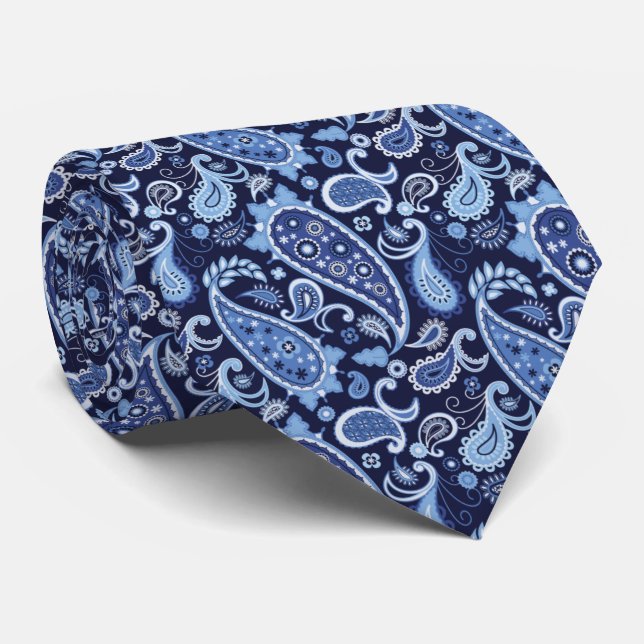 Elegant Navy Blue Floral Paisley Neck Tie (Rolled)