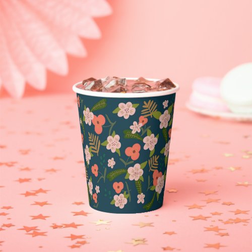 Elegant Navy Blue Floral Patch Paper Cups