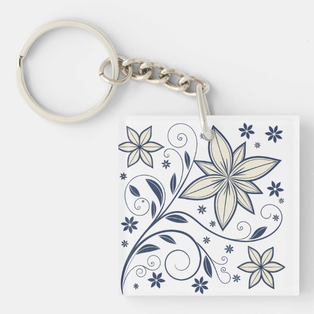 Elegant Navy Blue Floral Pattern |  Keychain (Front)