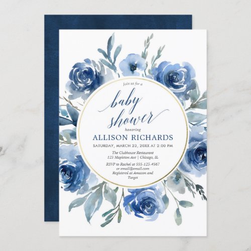 Elegant navy blue floral peonies boy baby shower invitation