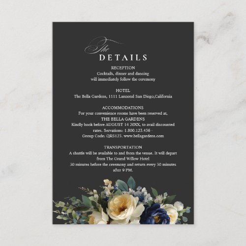 Elegant Navy Blue Floral Peonies Wedding Details Enclosure Card