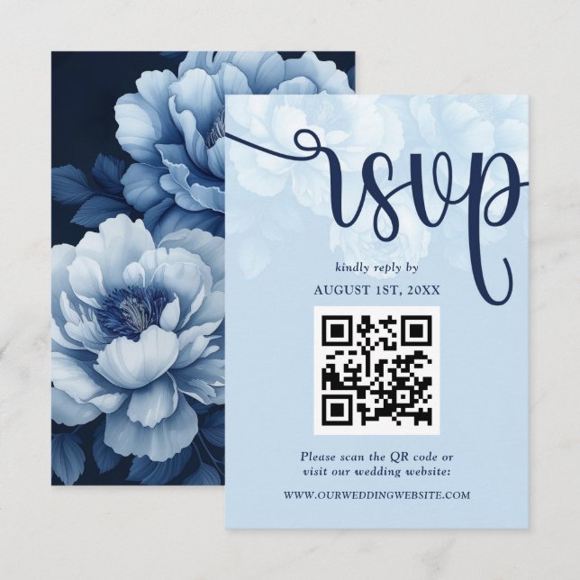 Elegant Navy Blue Floral Peony RSVP Card (Front/Back)