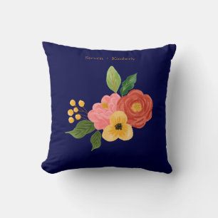 Elegant Navy Blue Floral Personalized Wedding Throw Pillow
