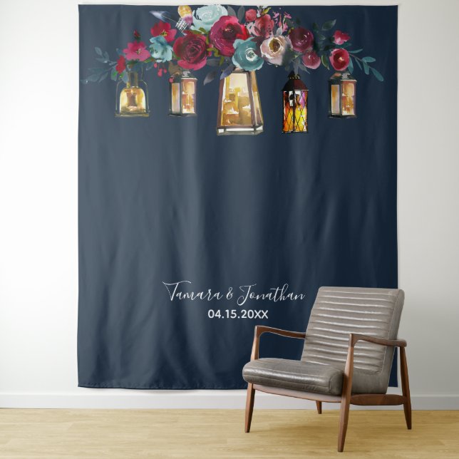 Elegant Navy Blue Floral Photo Backdrop Wedding (In Situ)
