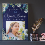 Elegant Navy Blue Floral Photo Bat Mitzvah Welcome Poster<br><div class="desc">Beautiful white peony flowers and green watercolor leaves form an elegant border on this pretty navy blue floral Bat Mitzvah welcome poster. Your daughter's name is written in chic, white calligraphy above her photo on this party decor for a Jewish family celebrating a girl being called to the Torah. Complete...</div>