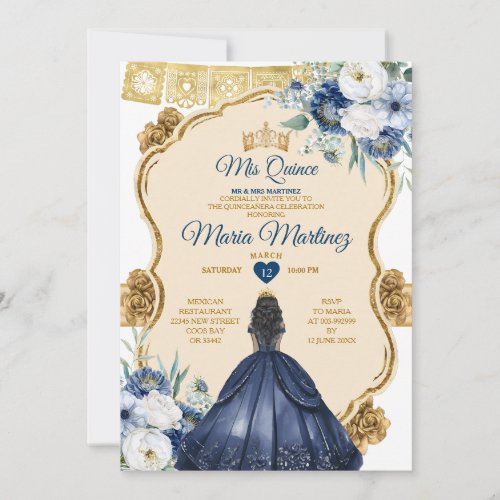 Elegant Navy Blue Floral Princess Quinceaera Invitation