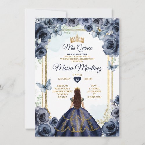 Elegant Navy Blue Floral Princess Quiceanera Invitation