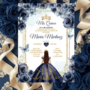 Elegant Navy Blue Floral Princess Quiñceanera Invitation