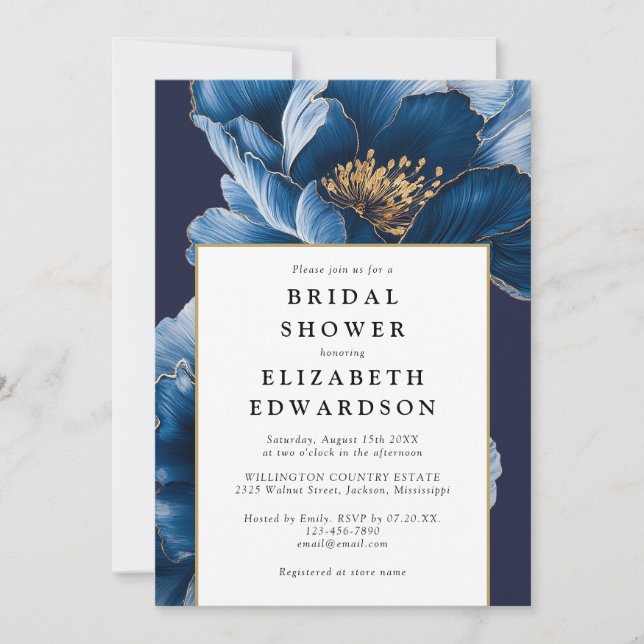 Elegant Navy Blue Floral QR Code Bridal Shower Invitation (Front)