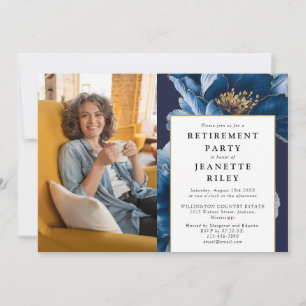 Elegant Navy Blue Floral Retirement Party Photo Invitation