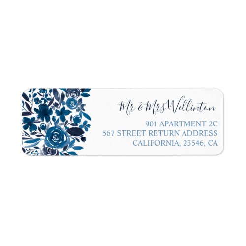 Elegant navy blue floral return wedding label