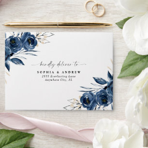 Elegant Navy Blue Floral & Script Monogram Wedding Envelope