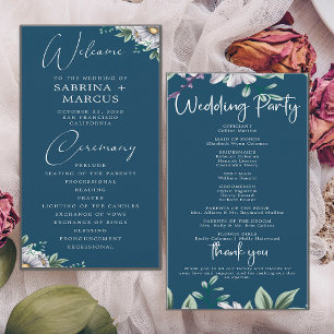 Elegant Navy Blue Floral Script Wedding Ceremony Program
