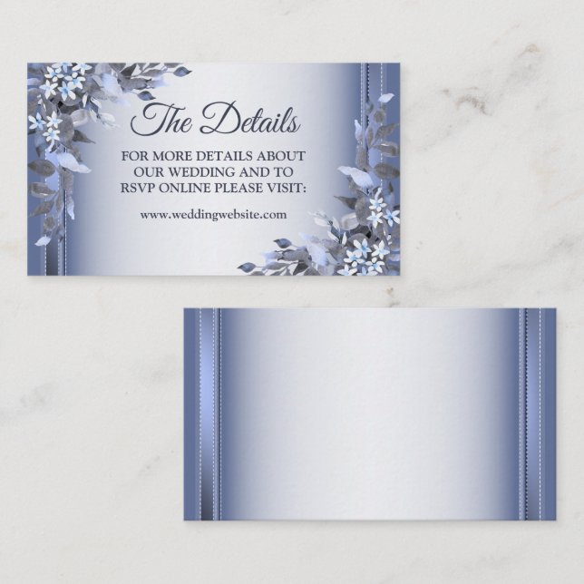 Elegant Navy Blue Floral Silver Wedding Detail Enclosure Card (Front/Back)